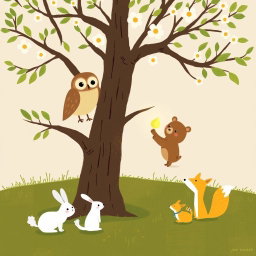 In a springtime setting, an owl stands on a branch while a cute brown bear is holding a glowing, round little seed to show it to the owl