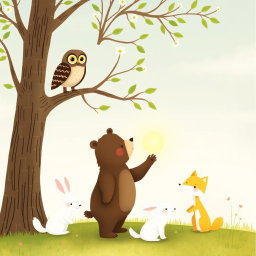 In a springtime setting, an owl stands on a branch while a cute brown bear is holding a glowing, round little seed to show it to the owl