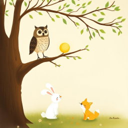 In a springtime setting, an owl stands on a branch while a cute brown bear is holding a glowing, round little seed to show it to the owl