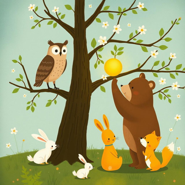 In a springtime setting, an owl stands on a branch while a cute brown bear is holding a glowing, round little seed to show it to the owl