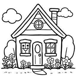 A fun and cute cartoon-style illustration of a house designed for a children's coloring book page