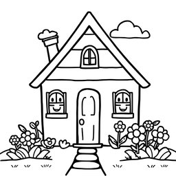 A fun and cute cartoon-style illustration of a house designed for a children's coloring book page