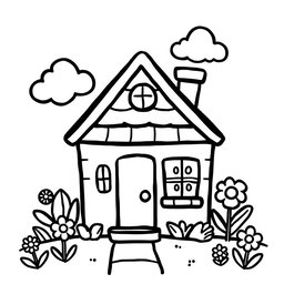 A fun and cute cartoon-style illustration of a house designed for a children's coloring book page