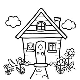 A fun and cute cartoon-style illustration of a house designed for a children's coloring book page