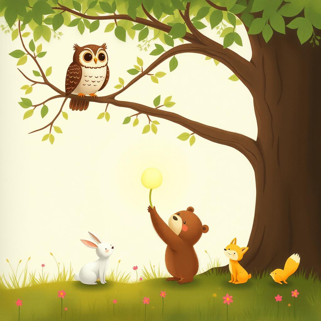 In a vibrant spring scene, an owl perches on a tree branch