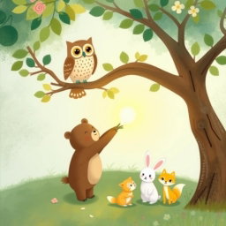 In a vibrant spring scene, an owl perches on a tree branch