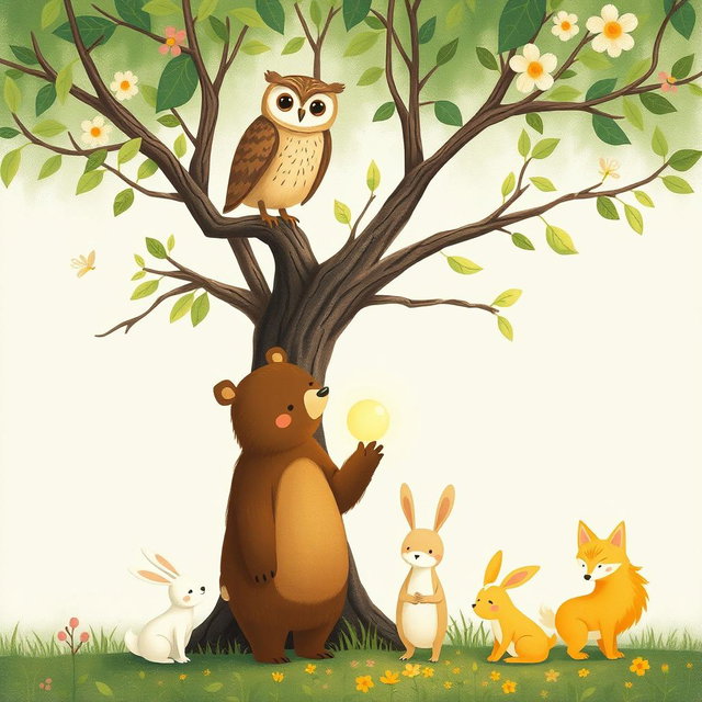 In a vibrant spring scene, an owl perches on a tree branch