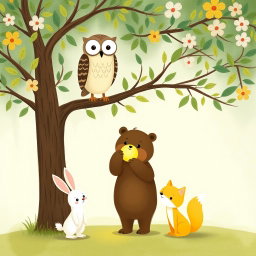 In a vibrant spring scene, an owl perches on a tree branch
