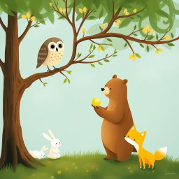 In a vibrant spring scene, an owl stands on a tree branch while a cute brown bear, holding a glowing, round little seed, shows it to the owl below