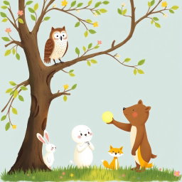In a vibrant spring scene, an owl stands on a tree branch while a cute brown bear, holding a glowing, round little seed, shows it to the owl below