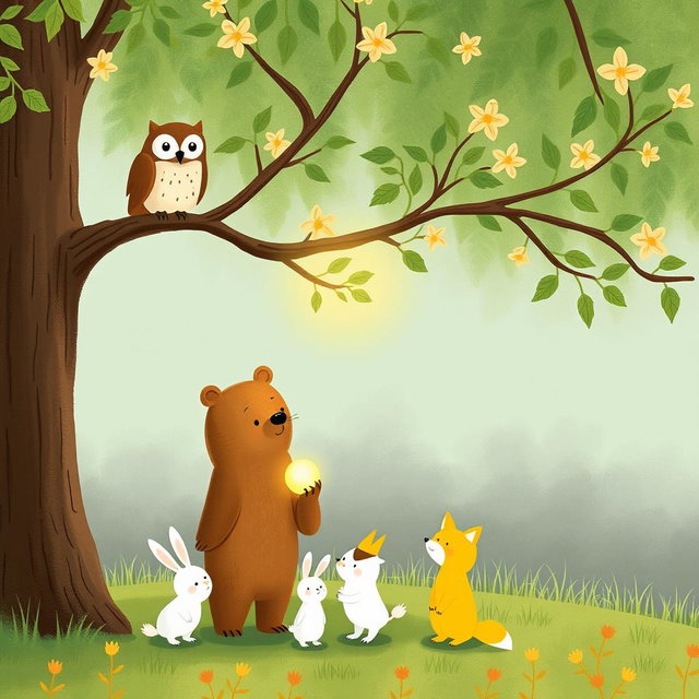 In a vibrant spring scene, an owl stands on a tree branch while a cute brown bear, holding a glowing, round little seed, shows it to the owl below