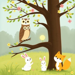 In a vibrant spring scene, an owl stands on a tree branch while a cute brown bear, holding a glowing, round little seed, shows it to the owl below
