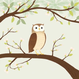 In a serene spring scene, an owl stands gracefully on a tree branch, surrounded by budding leaves and soft blossoms