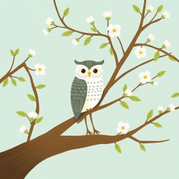 In a serene spring scene, an owl stands gracefully on a tree branch, surrounded by budding leaves and soft blossoms