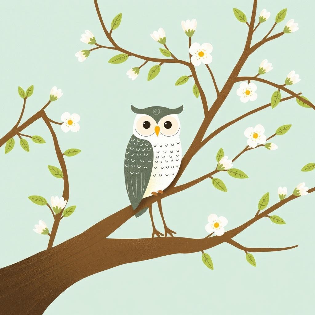 In a serene spring scene, an owl stands gracefully on a tree branch, surrounded by budding leaves and soft blossoms