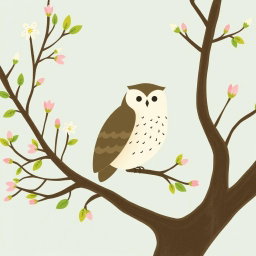In a serene spring scene, an owl stands gracefully on a tree branch, surrounded by budding leaves and soft blossoms