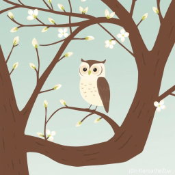 In a serene spring scene, an owl stands gracefully on a tree branch, surrounded by budding leaves and soft blossoms
