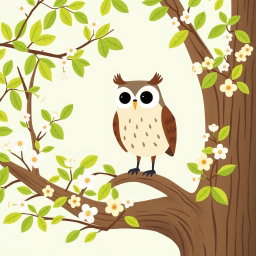 In a tranquil spring setting, an owl stands on a tree branch, surrounded by fresh green leaves and blossoming flowers
