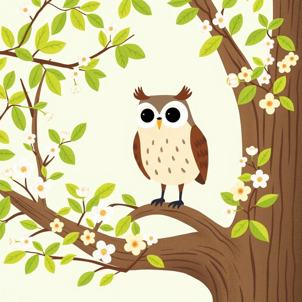 In a tranquil spring setting, an owl stands on a tree branch, surrounded by fresh green leaves and blossoming flowers