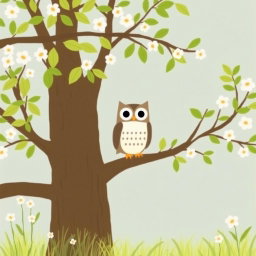 In a tranquil spring setting, an owl stands on a tree branch, surrounded by fresh green leaves and blossoming flowers