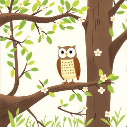 In a tranquil spring setting, an owl stands on a tree branch, surrounded by fresh green leaves and blossoming flowers