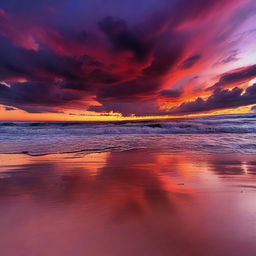 A fiery red sunset with purple clouds over a calm beach, the ocean waves lapping gently at the shore, reflecting the spectacular colors of the sky