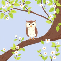 In a tranquil spring setting, an owl stands on a tree branch, surrounded by fresh green leaves and blossoming flowers
