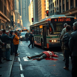 A vivid scene capturing a tragic moment on a city street where a person has been fatally struck by a bus, blood spread across the road