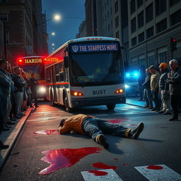 A vivid scene capturing a tragic moment on a city street where a person has been fatally struck by a bus, blood spread across the road