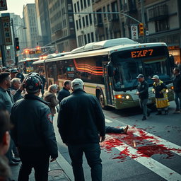 A vivid scene capturing a tragic moment on a city street where a person has been fatally struck by a bus, blood spread across the road