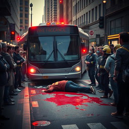 A vivid scene capturing a tragic moment on a city street where a person has been fatally struck by a bus, blood spread across the road