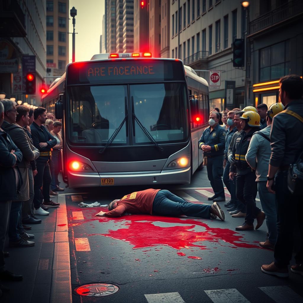 A vivid scene capturing a tragic moment on a city street where a person has been fatally struck by a bus, blood spread across the road