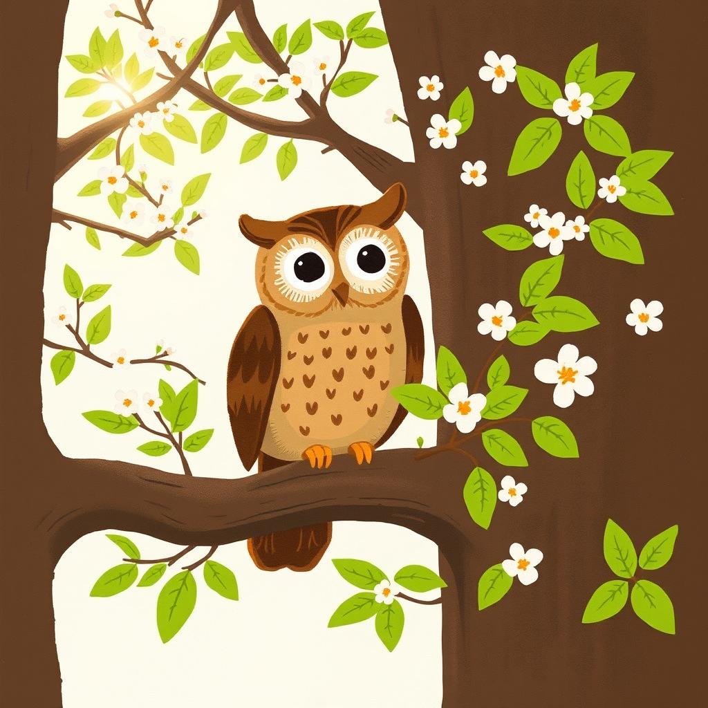 A brown owl perched on a tree branch during springtime, surrounded by blossoming flowers and vibrant green leaves