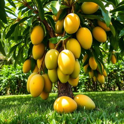 A beautiful and vibrant scene of a mango tree laden with ripe mangoes, some of which are freshly plucked and lying on the ground underneath the tree