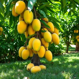 A beautiful and vibrant scene of a mango tree laden with ripe mangoes, some of which are freshly plucked and lying on the ground underneath the tree