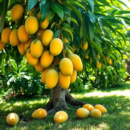 A beautiful and vibrant scene of a mango tree laden with ripe mangoes, some of which are freshly plucked and lying on the ground underneath the tree