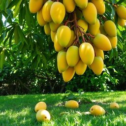 A beautiful and vibrant scene of a mango tree laden with ripe mangoes, some of which are freshly plucked and lying on the ground underneath the tree
