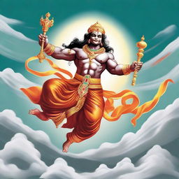 An illustrative depiction of Shree Hanuman Ji, showing his strong and revered form, wielding a mace in one hand and flying through the sky