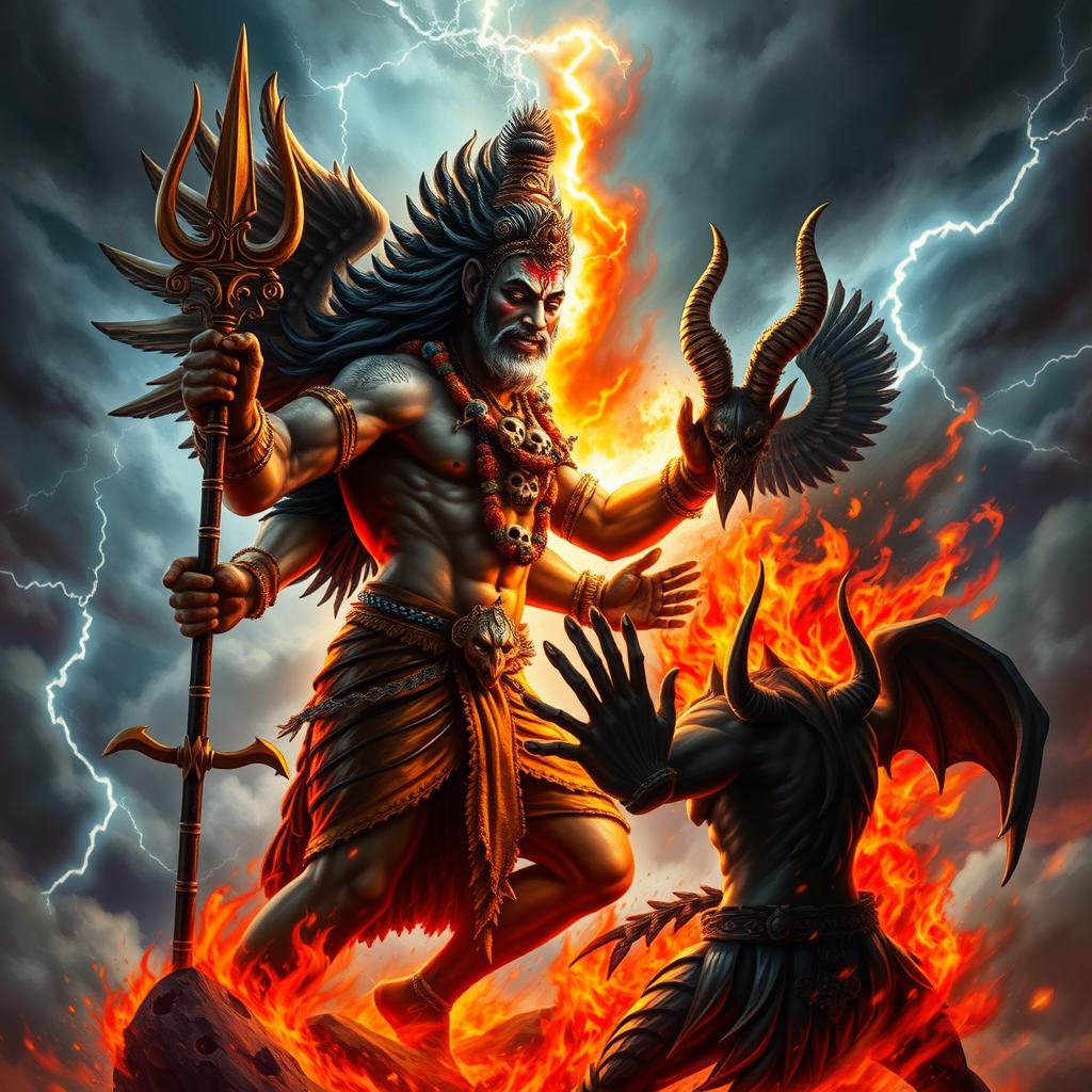 A dramatic and powerful scene depicting Kaal Bhairava, the fierce aspect of Lord Shiva, confronting Satanas, a menacing figure representing evil