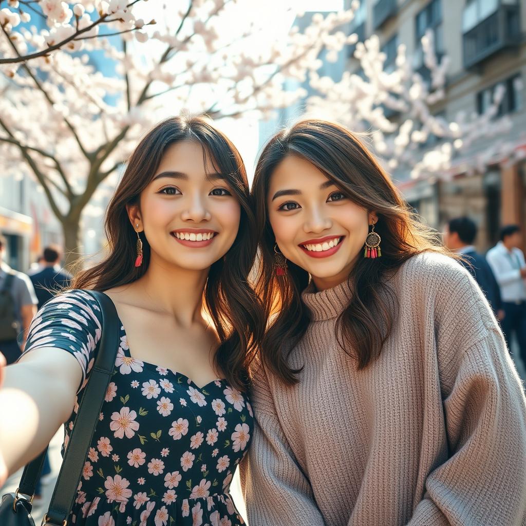 Two beautiful Japanese women taking a selfie together, both smiling brightly at the camera
