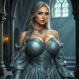 A busty, beautiful, slender European cleric with incredibly large, tender round breasts, showcasing her elegant beauty