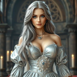 A busty, beautiful, slender European cleric with incredibly large, tender round breasts, showcasing her elegant beauty