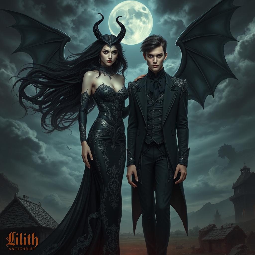 An otherworldly depiction of Lilith and the Antichrist, set in a dark but captivating fantasy realm