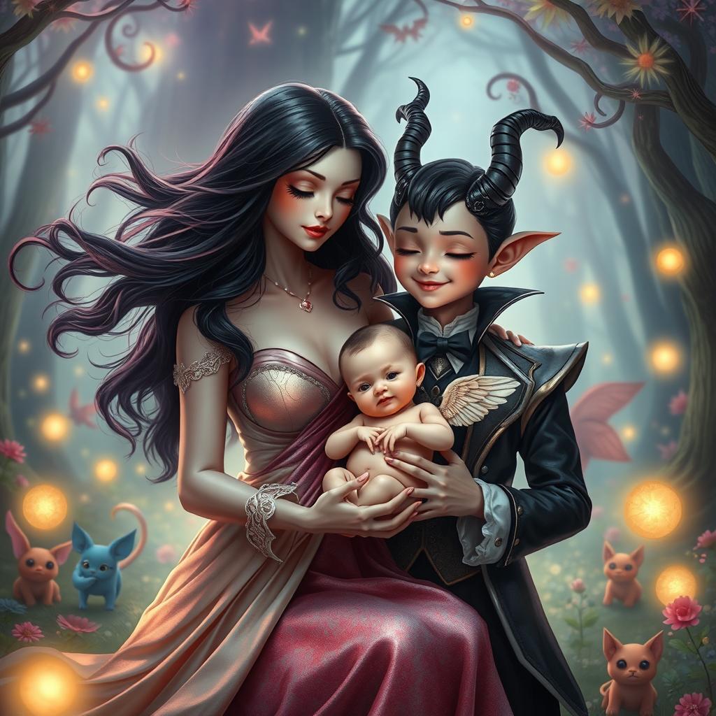 A surreal and imaginative portrayal of Lilith and the Antichrist, but reimagined in a whimsical, fantastical context where they are caring for a small, cherubic baby