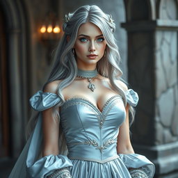 A stunningly beautiful and slender European cleric, elegantly dressed in a gorgeous medieval silver ball gown featuring a sweetheart neckline and oversized bust cups