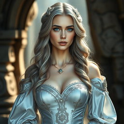 A stunningly beautiful and slender European cleric, elegantly dressed in a gorgeous medieval silver ball gown featuring a sweetheart neckline and oversized bust cups