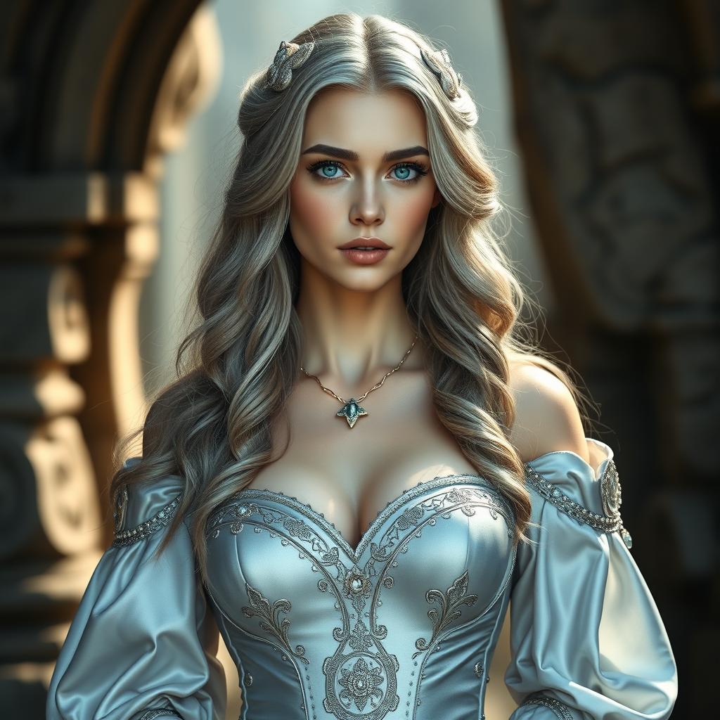 A stunningly beautiful and slender European cleric, elegantly dressed in a gorgeous medieval silver ball gown featuring a sweetheart neckline and oversized bust cups