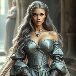 A stunningly beautiful and slender European cleric, elegantly dressed in a gorgeous medieval silver ball gown featuring a sweetheart neckline and oversized bust cups