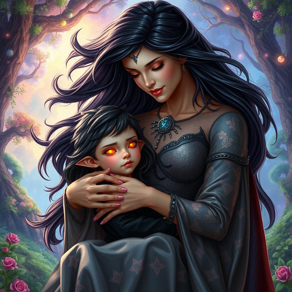A powerful and mythical representation of Lilith as a mother, gently cradling her son, the Antichrist, in a vibrant and fantastical setting