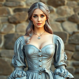 A busty beautiful slender European elegant cleric, featuring very big tender round breasts and long soft layers of ash grey hair